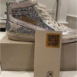 💗 Golden Goose Slide in Glitter Silver & Pink Metallic Leather so cute! 37 / 7
